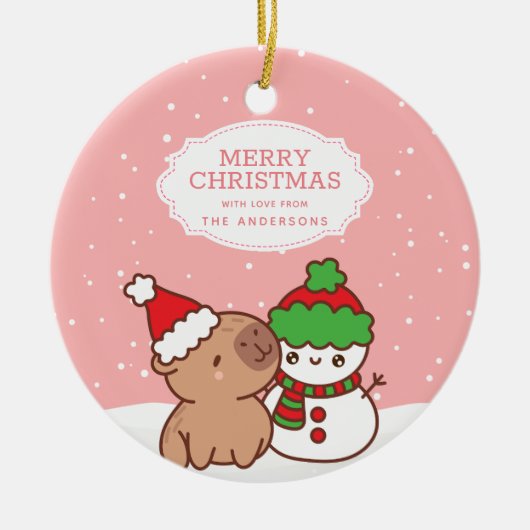 Capybara en Snowman Schattige vrolijk kerstfeest Keramisch Ornament (Voorkant)