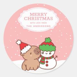 Capybara en Snowman Schattige vrolijk kerstfeest Ronde Sticker