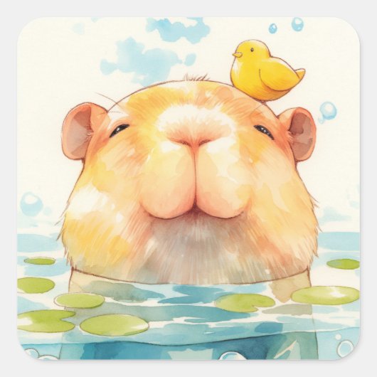 Capybara en Vogel Vriend Vierkante Sticker (Voorkant)