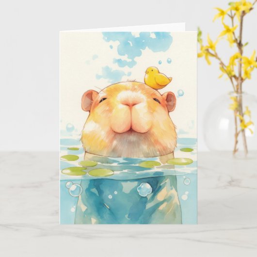 Capybara en vogelvriend kaart (Gele Bloem)