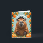 Capybara Funny Happy Birthday Kaart<br><div class="desc">Zeg "Capy Birthday" op de leukste manier mogelijk! Deze charmante kaart is voorzien van een lachende cartoon capibara met een stijlvol zwart pet, omgeven door een vrolijke rand van lichte sinaasappels. Het frisse, kleurrijke ontwerp is ideaal voor zowel dierenvrienden als fruitfans. Of je nu een vriend, familielid of collega viert,...</div>