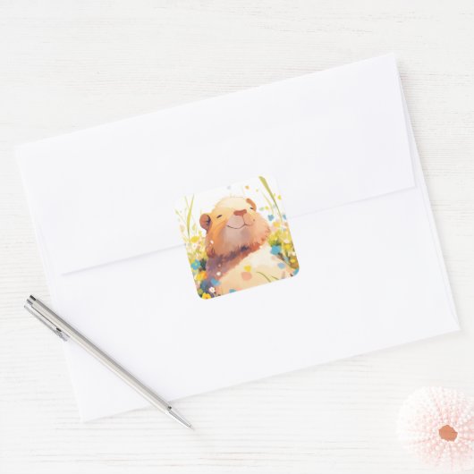 Capybara Grassy Naptime Vierkante Sticker (Envelop)