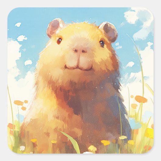 Capybara in de wei vierkante sticker (Voorkant)
