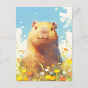 Capybara in gele en oranje weide met wilde bloemen briefkaart