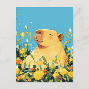 Capybara in Gele Wilde Bloemen Zomerweide Briefkaart