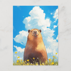 Capybara in zonnige gele weide met wilde bloemen briefkaart