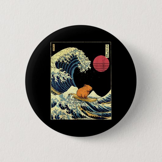 Capybara Japanese Kanagawa Wave Funny Surf Animal  Ronde Button 5,7 Cm (Voorkant)