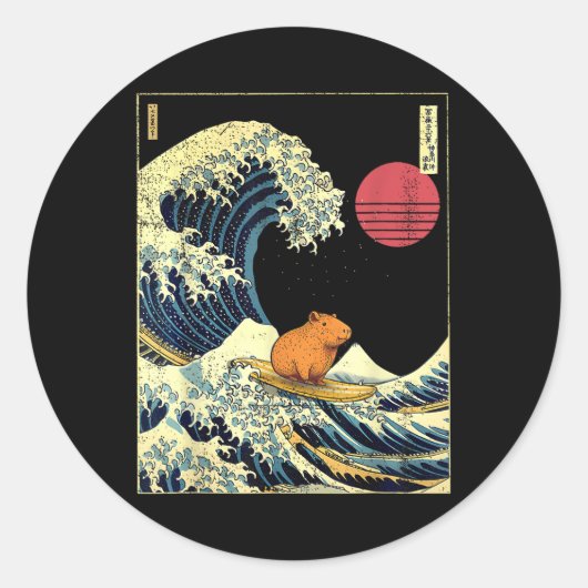 Capybara Japanese Kanagawa Wave Funny Surf Animal  Ronde Sticker (Voorkant)