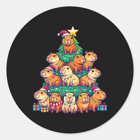 Capybara Kerstboom Grappig Capybara Kerstmis Ronde Sticker (Voorkant)