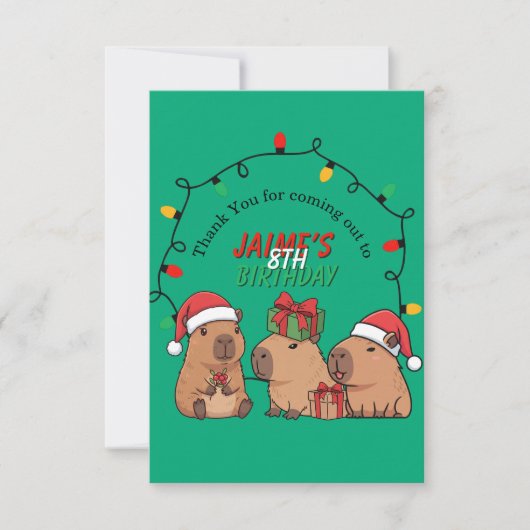 Capybara Kerstlichten Verjaardagsfeestje Bedankkaart (Voorkant)