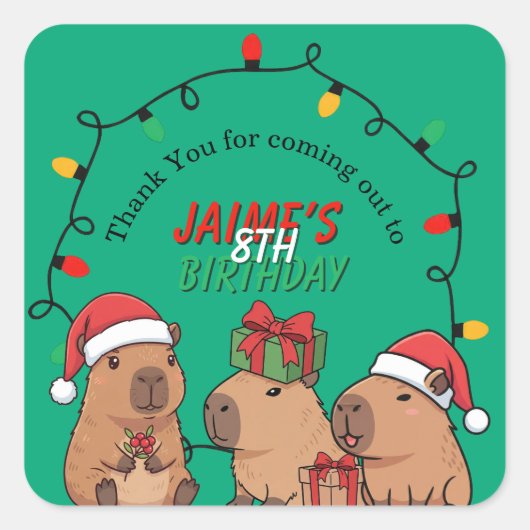 Capybara Kerstlichten Verjaardagsfeestje Vierkante Sticker (Voorkant)