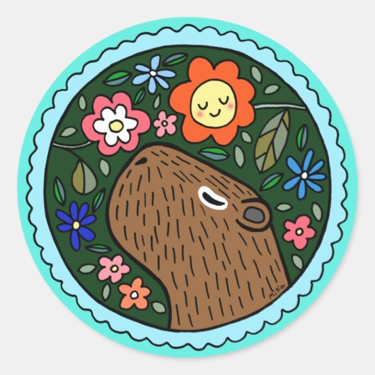 Capybara met bloemen Cute Happy capybara Gift Ronde Sticker (Voorkant)