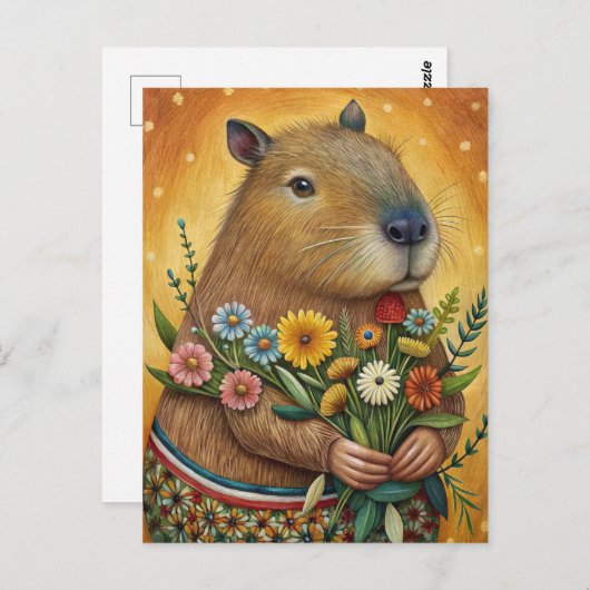 Capybara met bloemen en volkskunst briefkaart (Voorkant / Achterkant)