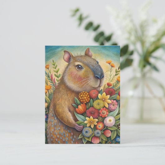 Capybara met bloemen grappig en schattig briefkaart (Staand voorkant)