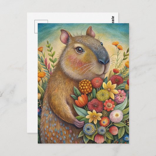 Capybara met bloemen grappig en schattig briefkaart (Voorkant / Achterkant)
