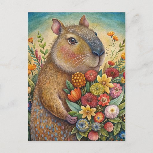 Capybara met bloemen grappig en schattig briefkaart (Voorkant)