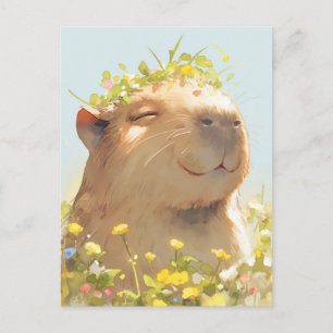 Capybara met groene wilde bloemenkrans in de weide briefkaart