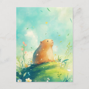 Capybara op heuvel met vallende bloemblaadjes en b briefkaart