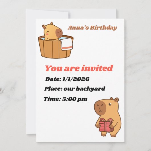 Capybara Party Invitation Kaart | Leuke verjaardag (Voorkant)