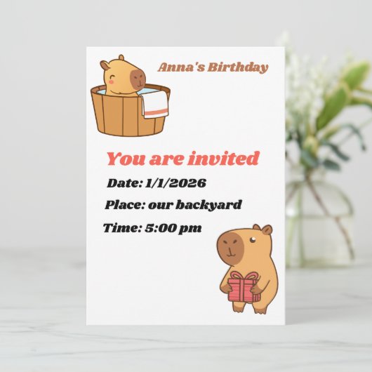 Capybara Party Invitation Kaart | Leuke verjaardag (Staand voorkant)