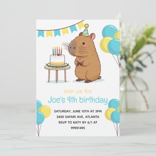Capybara Party Uitnodiging Capybara Verjaardagsfee (Staand voorkant)