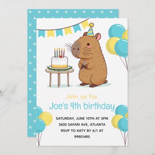 Capybara Party Uitnodiging Capybara Verjaardagsfee (Voorkant / Achterkant)