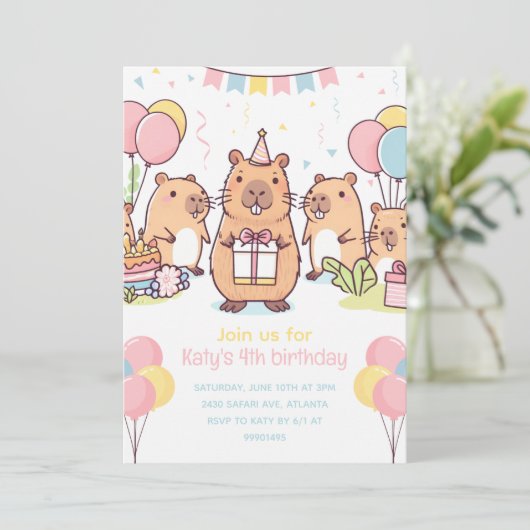 Capybara Party Uitnodiging Capybara Verjaardagsfee (Staand voorkant)