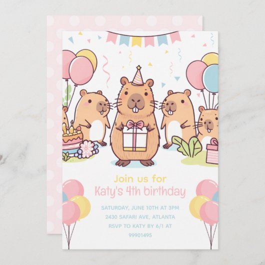 Capybara Party Uitnodiging Capybara Verjaardagsfee (Voorkant / Achterkant)