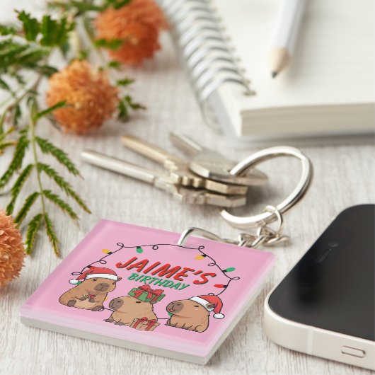 Capybara Pink Christmas Holiday Birthday Sleutelhanger (Voorkant Rechts)