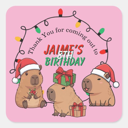 Capybara Pink Christmas Holiday Birthday Vierkante Sticker (Voorkant)