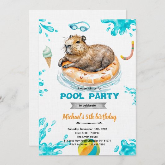 Capybara Pool Party Birthday Invitation Kaart (Voorkant / Achterkant)