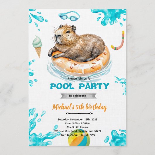 Capybara Pool Party Birthday Invitation Kaart (Voorkant)