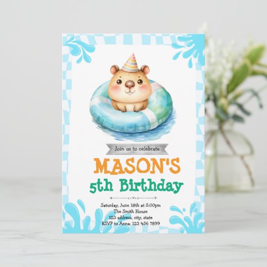 Capybara pool party uitnodiging (Staand voorkant)