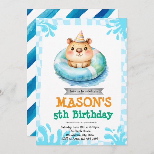 Capybara pool party uitnodiging (Voorkant / Achterkant)