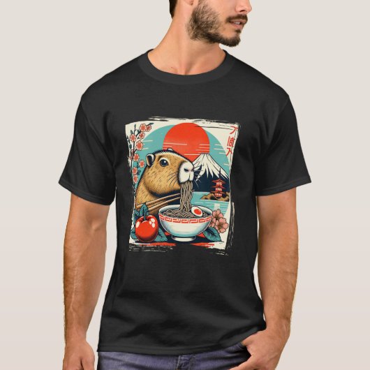 Capybara Ramen Retro Grappig Japans Benauwd T-shirt (Voorkant)
