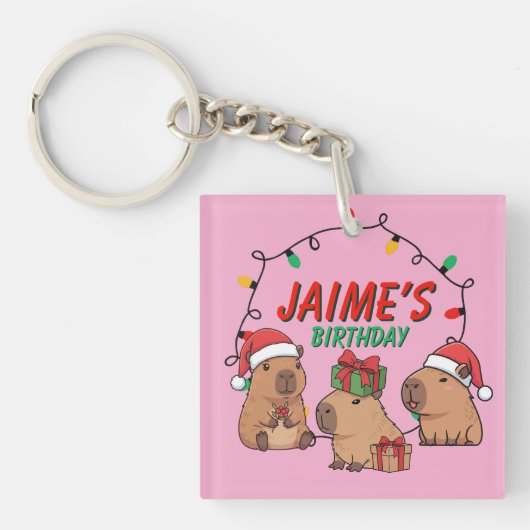 Capybara Roze Kerstmis Verjaardag Sleutelhanger (voorkant)
