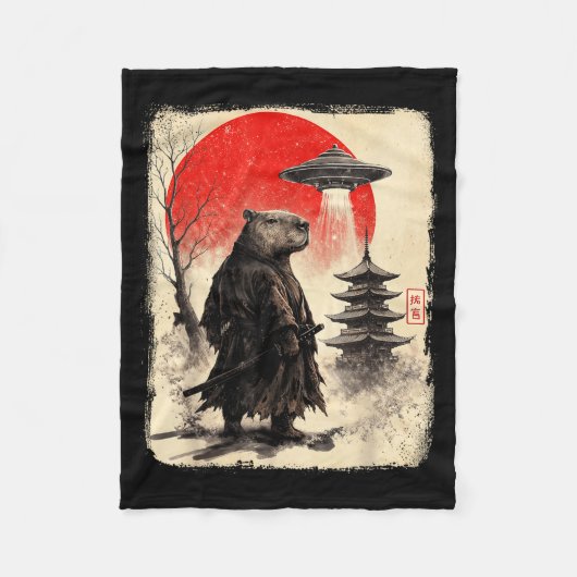 Capybara Samurai Retro Ufo Japanese Warrior Tenshu Fleece Deken (Voorkant)