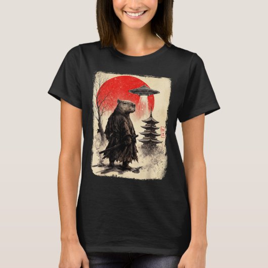 Capybara Samurai Retro Ufo Japanese Warrior Tenshu T-shirt (Voorkant)