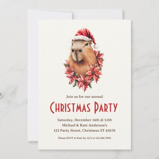 Capybara Santa Hat Poinsettias Kerstfeest Kaart (Voorkant)
