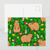 Capybara Schets met Lente Bloemen op Groen Briefkaart (Voorkant / Achterkant)