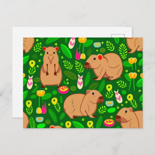 Capybara Schets met Lente Bloemen op Groen Briefkaart (Voorkant / Achterkant)