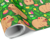 Capybara Schets met Lente Bloemen op Groen Cadeaupapier (Rol Hoek)