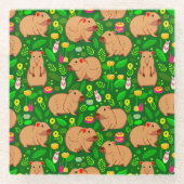 Capybara Schets met Lente Bloemen op Groen Glazen Onderzetter (Voorkant)