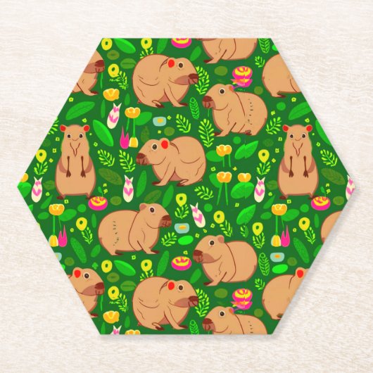 Capybara Schets met Lente Bloemen op Groen Kartonnen Onderzetters (Voorkant)