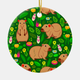 Capybara Schets met Lente Bloemen op Groen Keramisch Ornament