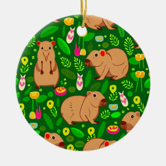 Capybara Schets met Lente Bloemen op Groen Keramisch Ornament (Voorkant)