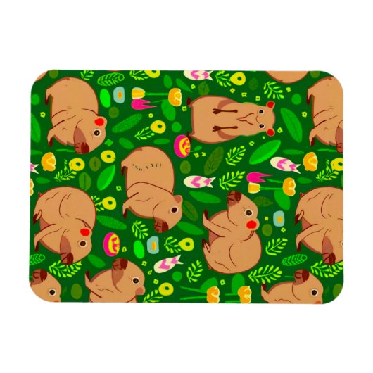 Capybara Schets met Lente Bloemen op Groen Magneet (Horizontaal)