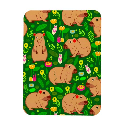 Capybara Schets met Lente Bloemen op Groen Magneet (Verticaal)