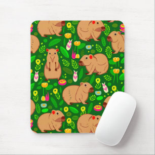 Capybara Schets met Lente Bloemen op Groen Muismat