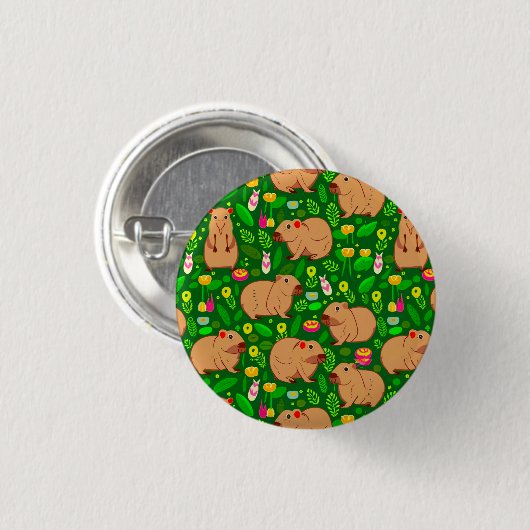 Capybara Schets met Lente Bloemen op Groen Ronde Button 3,2 Cm (Voorkant /achterkant)